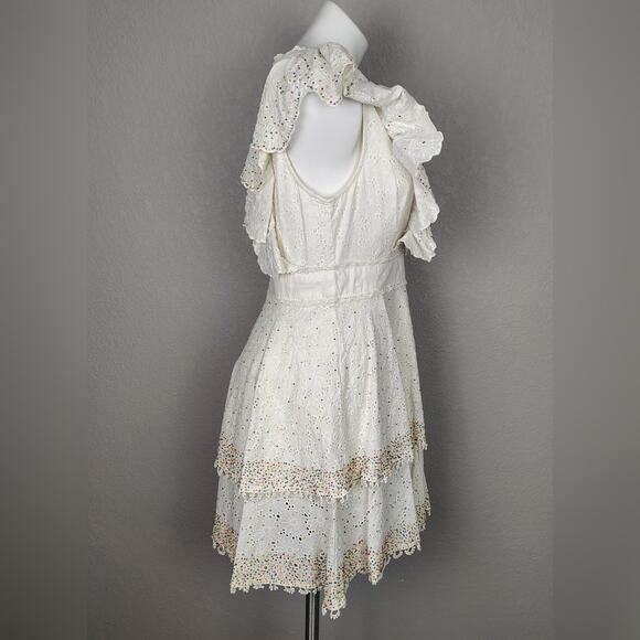 FARM Rio Boho Ivory Eyelet Lace Patch Beaded Tiered Mini Dress Size Medium - Picture 3 of 15